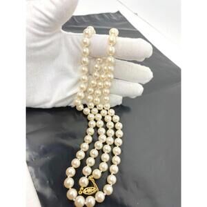 Vintage Signed Pat  Necklace Cream Glass Faux Pearls Gold Tone Filigree Clasp